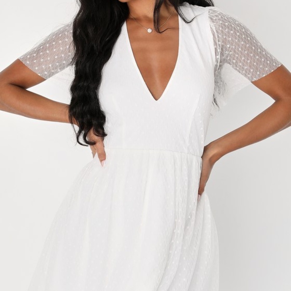 Lulus Radiating Chic White Mesh Swiss Dot Short Sleeve Mini Dress - Size S